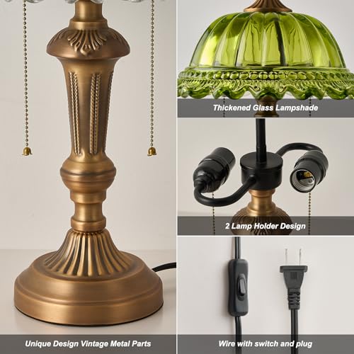 Glass Shade Table Lamp Vintage Metal Desk Lamp 2 Lights Table Light with Plug Switch for Bedroom Living Room Home Office Brass and Green