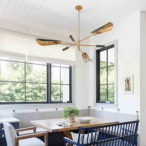 51" Industrial Farmhouse Chandelier with Antique Brass Brush Paint and Matt Black Finish, Wood Pendant Lighting Fixture for Dining Room Living Room Kitchen Island Bedroom 3-Light