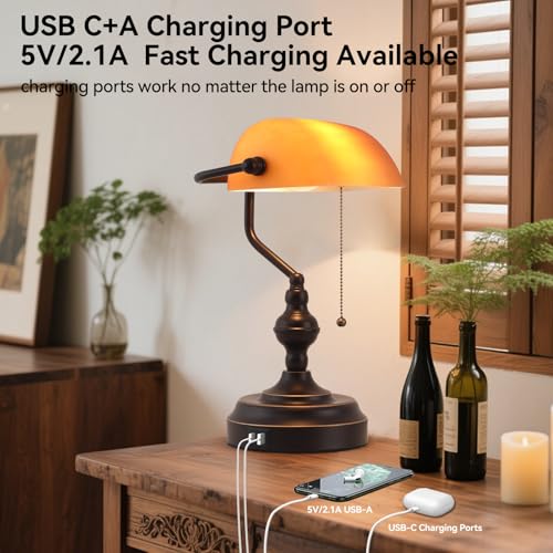 Bankers Desk Lamp with USB A and Type C Charging Port