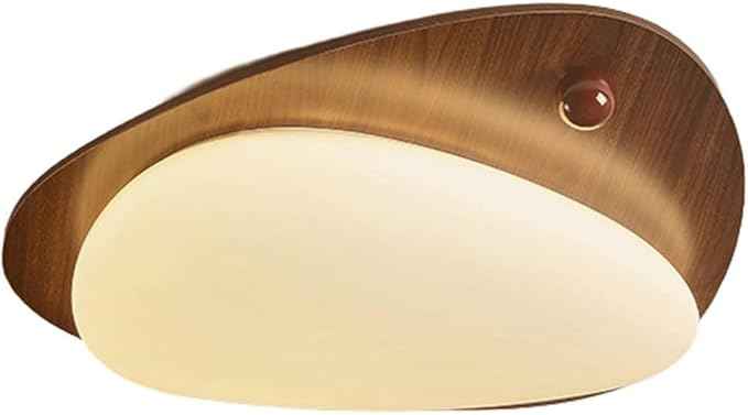 Modern Nordic Ceiling Light, 3-Color Dimming Walnut & Cream Wood Grain Pebble LED Ceiling Lamp, Minimalist Wabi-sabi Flush Mount Light Fixture, for Bedroom Living Room