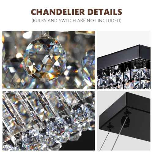 Modern Crystal Chandelier for Dining Room, 8-Light Black Rectangle Pendant Ceiling Light Fixture for Kitchen Island Bar, L40 x W10 x H10