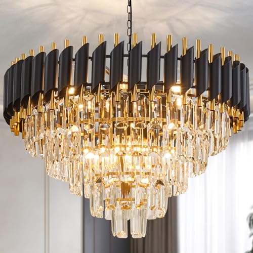 10 Light Large Crystal Chandelier 24" Dining Room Light Fixtures 5 Tiers Flush Mount Black and Gold Chandelier Round Large Chandeliers for Dining Room Living Room Kitchen Entryway Foyer