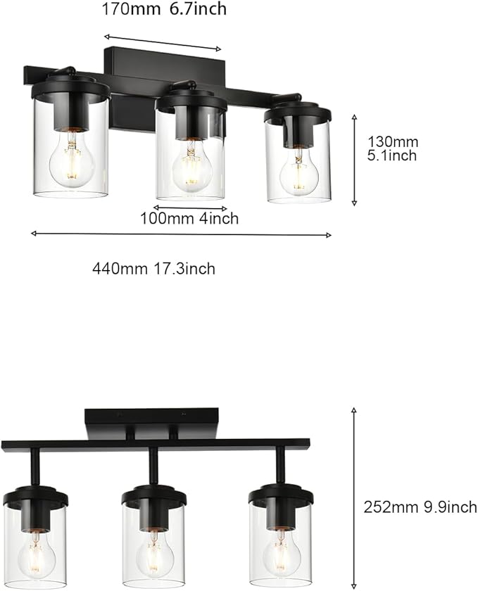 BONLICHT Industrial Vintage Indoor Wall Mount Spotlight 3 Light Modern Semi Flush Mount Ceiling Light Black Adjustable Track Lighting Kit Rustic Bathroom Vanity Light Fixture with Clear Glass Shade - Aura Lighting