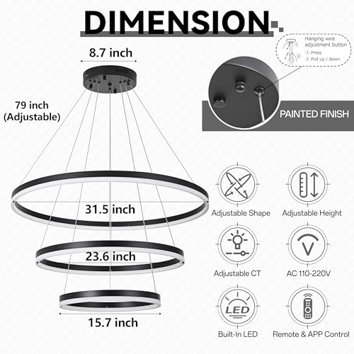 31.5" Black Modern Led Chandelier 3 Ring Modern Led Pendant Light Contemporary Ring Chandeliers Dimmable Chandeliers Color Temperature Adjustable Height Hanging Chandelier for Living Room