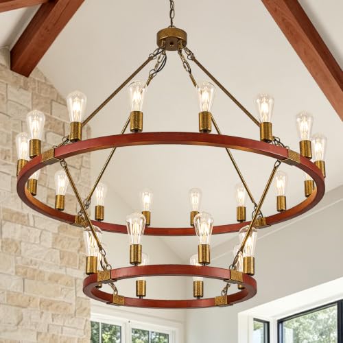Farmhouse Large Wagon Wheel Chandelier 43" 2 Tier Rustic Gold Chandelier