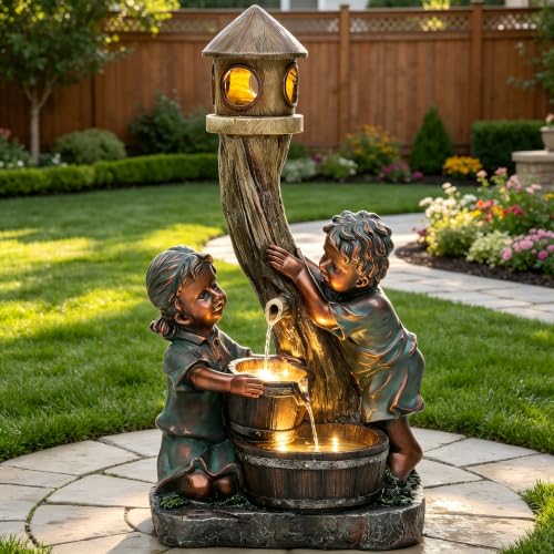 AUTODAYA 31" Boy and Girl Outdoor Fountain LED 3