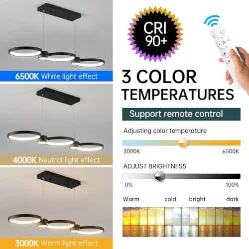 Modern LED Chandelier Light, 3000-6500K Dimmable Modern Pendant Light Fixture with Remote Control, Height-Adjustable Island Light Ceiling Hanging for Dining Room Kitchen (Black, 3Ring- 36IN)