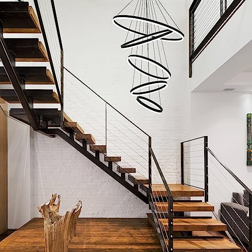 5 Rings Modern LED Chandelier Black Dimmable High Ceiling Chandelier for Dining Room with Remote Control for Foyer Living Room Entryway Staircase