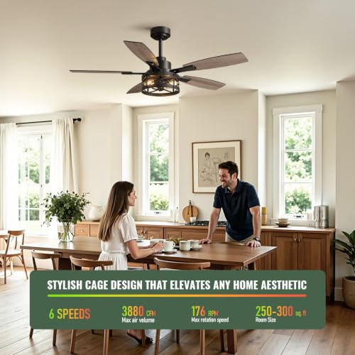 52 Inch Ceiling Fan with Light and Remote Control (Black / 52 Inch)