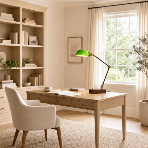 Adjustable Swing Arm Vintage Desk Lamp Modern Style Green Glass Solid Wood
