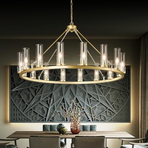 16 Light Large Wagon Wheel Chandelier with Clear Glass Shade Gold Round Pendant Light Farmhouse Industrial Chandeliers Dining Room Light Fixture for Stair Living Room Foyer Kitchen