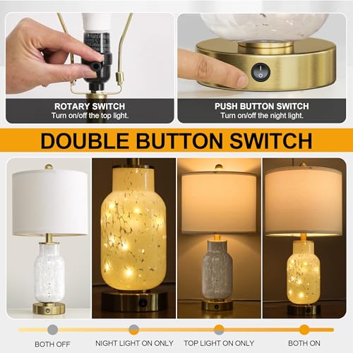 22" Glass Table Lamps Set of 2 with Night Light for Bedroom (2 Count)