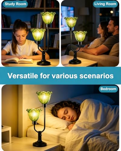 Green Glass Flower Table Lamp for Bedroom Vintage Lamp Dimmable