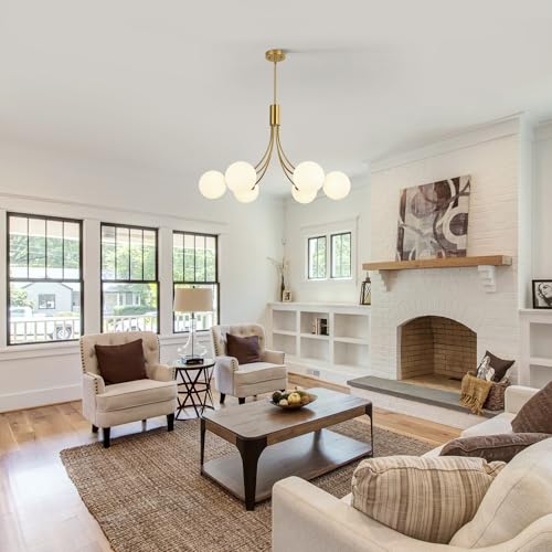 6 Light Modern Gold Sputnik Chandelier Mid Century Brushed Brass Light Fixture with Milk Glass Globes for High Ceiling Dining Room Kitchen Island Living Room