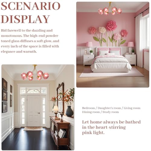 8 Light Sputnik Pink Chandelier Vintage Flush Mount Ceiling Light with Globe Glass Pendant Lights Gold Chandeliers for Dining Room Bedroom Living Room