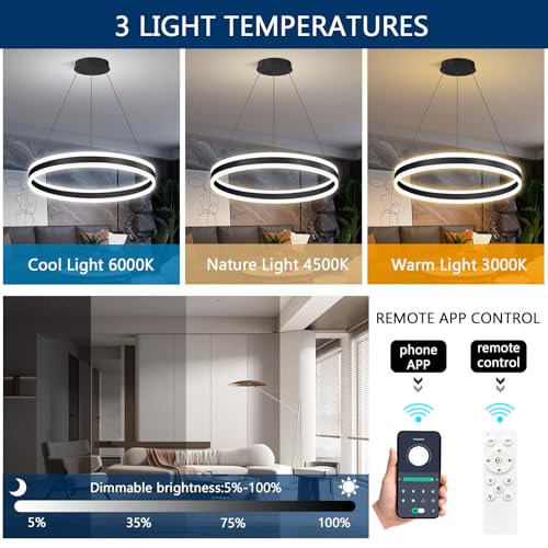 D23.6'' Modern Ring Chandelier for Dining Room LED Dimmable Pendant Lighting High Ceiling Chandelier for Living Room Foyer Bedroom Entryway 3000K