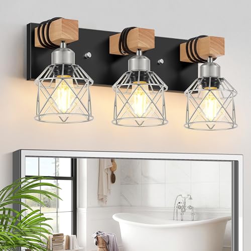 3 Light Wood Bathroom Light Fixtures Over Mirror