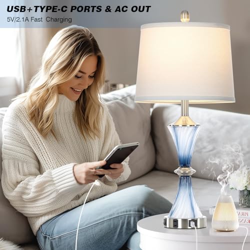 Blue Glass Table Lamp with USB C+A Ports & AC Outlet