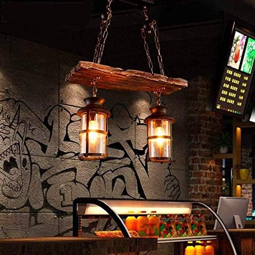 Wood Retro Pendant Lighting Industrial Vintage Chandelier Black Metal Bedroom Restaurant Suspension Lamp Cage Frame with Glass Shade House Loft Bar Coffee Decoration Ceiling Lights Fitting (2 Count)