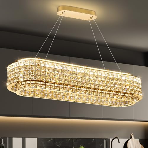 L40 x W12 Modern Chandeliers for Dining Room LED Dimmable Pendant Lighting Ceiling Chandelier Crystal Rectangle Light Fixtures Gold