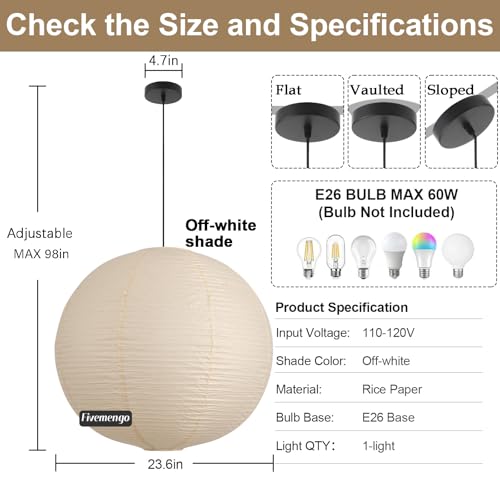 Large Paper Pendant Light with Cord and Canopy