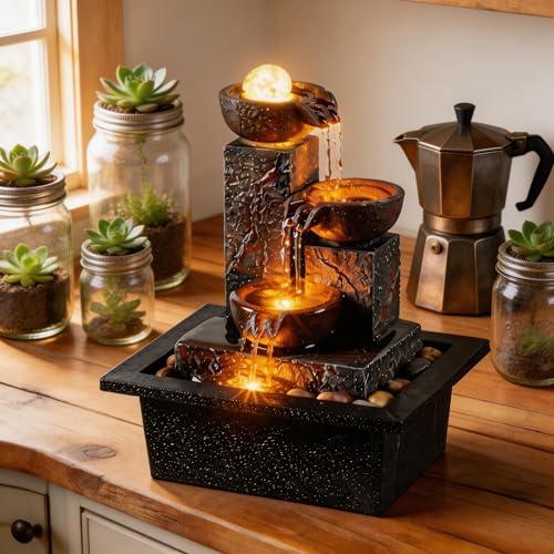 Three Bowls with Rotating Ball Flowing Tabletop Fountain Home Décor Indoor Decor Waterfall Sound Zen Mini Fountain Warm Led Light Pebbles Stone