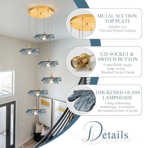 Foyer Chandelier for High Ceilings long Blue Floral pendant light Mid Century Glass Hanging Ceiling light Brushed Gold Flush Mount Ceiling Chandeliers for Staircase Entryway Living