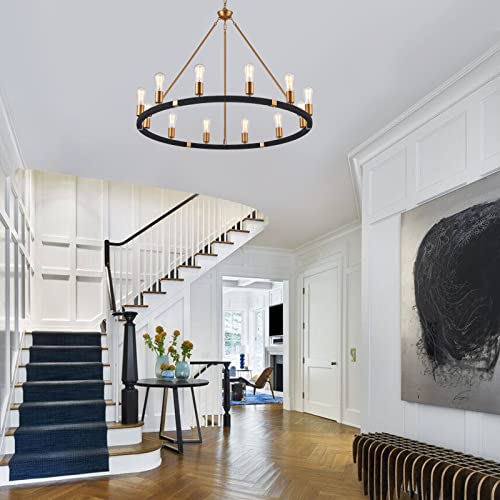 12 Lights Wagon Wheel Chandelier Bohemia Black Hand Woven Rattan Chandelier Farmhouse Large Brass Pendant Light for High Ceilings Living Room Dining Room
