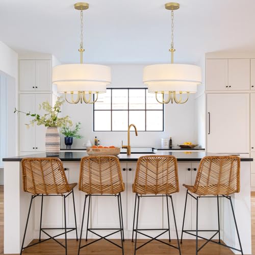 5 Light Gold Chandeliers for Dining Room with White Fabric Shades Two Layer (5 Count)