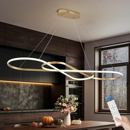 Modern LED Chandelier Gold Dimmable LED Pendant Light for Dining Room Light Fixture Over Table Modern Kitchen Island Lighting High Ceiling with Remote for Living Room