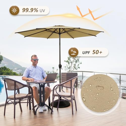 11FT Lyon Outdoor Patio Umbrella Outdoor Table Umbrella with Push Button Tilt and Crank Market Umbrella 8 Sturdy Ribs UV Protection Waterproof for Garden Deck Backyard Pool Tan
