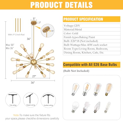 18 Light Gold Sputnik Farmhouse Chandeliers for Dining Room Light Fixture
