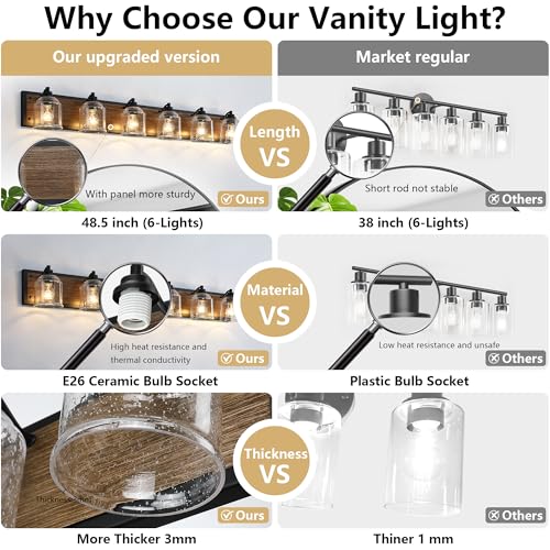 6 Light Vanity Lights for Bathroom Large 48" with Bubble Glass Shade