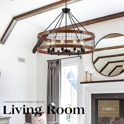 10 Light Farmhouse Drum Wood Pendant Light