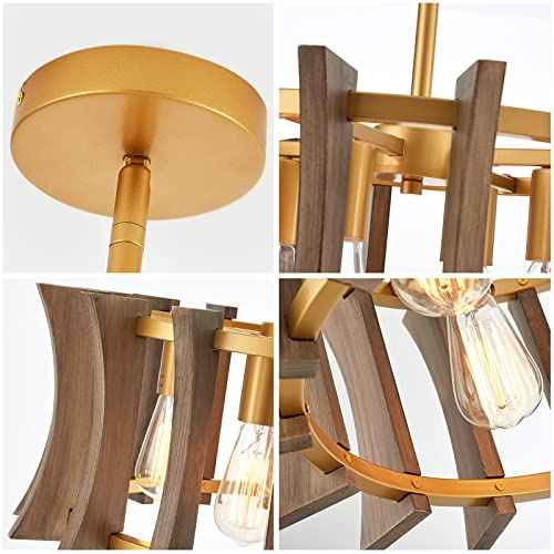 Industrial Wood Chandelier, with Antique Brass Brush Paint Finish Shade Pendant Lighting Fixture for Dining Room Kitchen Island Living Room Bedroom 4-Light