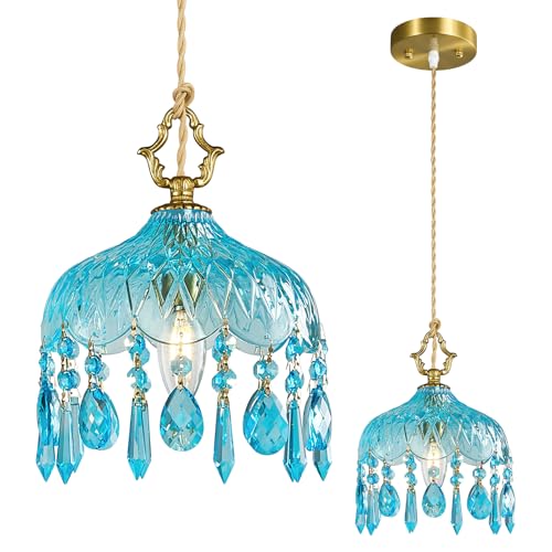 Brass Vintage Pendant Light Blue Crystal Hanging Light Fixtures