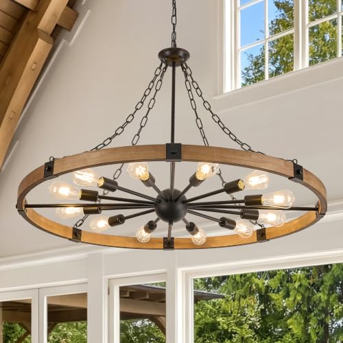 Farmhouse Wagon Wheel Chandelier 43" Oak Rustic Chandeliers 12