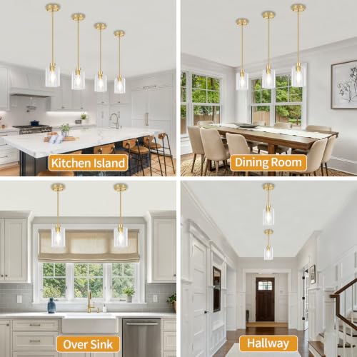 3 Pack Brushed Gold Pendant Lights Kitchen Island Glass Hanging Lighting
