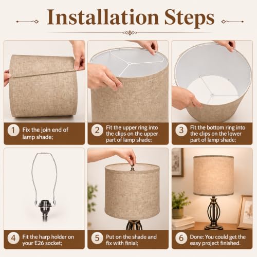 Drum Lamp shades Set of 2 Brown linen Table Lamp Bedroom floor lamp