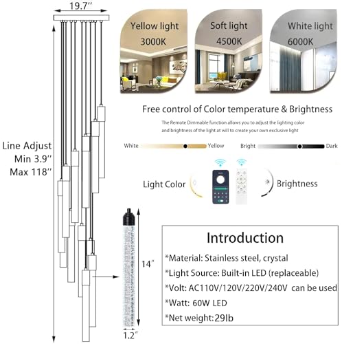 12 Lights Modern Chandeliers for Entryway High Ceiling Chandelier LED Dimmable Long Lights Fixture Pendants Lighting Crystal Chandeliers for Hallway Foyer Living Room Black Finished Lighting