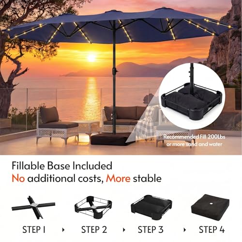 15ft Double Sided Patio Umbrella with Solar Lights and Base Included