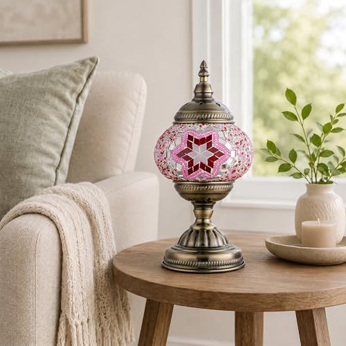Turkish Moroccan Table Lamp Lantern with Handmade Mosaic Glass Lampshade Tiffany Style Bohemian Stained Glass Decorative Desk Lamps Bedside Night Lights for Bedroom