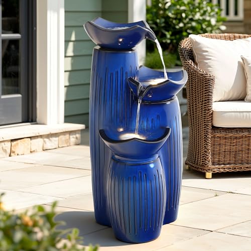 30" H Ceramic Outdoor Water Fountain with Lights