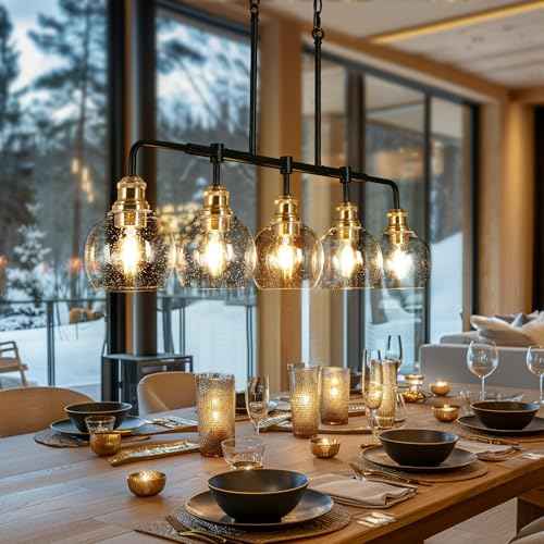 KSANA Chandeliers for Dining Room, 5 Light Linear Chandelier Modern Farmhouse Kitchen Island Light with Seeded Glass Pool Table Light for Kitchen, Dining Room, Living Room