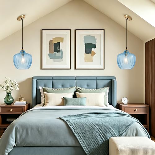 Blue Glass Pendant Lights Kitchen Island Gold Hanging Ceiling Light 9.45"