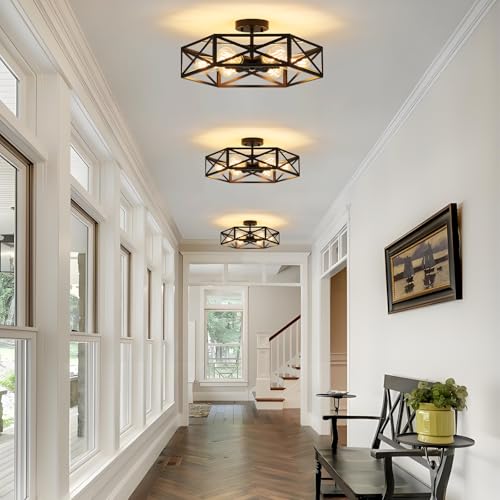 Black Modern Farmhouse Metal Semi Flush Mount Ceiling Light Fixture 19.7 in
