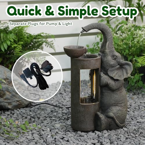 Elephant Waterfall Fountain for Indoor Desktop & Outdoor Use Small Garden Water Feature with LED Light Quiet Mini Cute Table Water Fountains for Patio