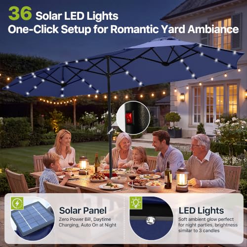REE SOLDIER 13ft Double Sided Patio Umbrella with Solar Lights