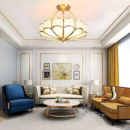 4 Lights Semi Flush Mount Brass Chandelier