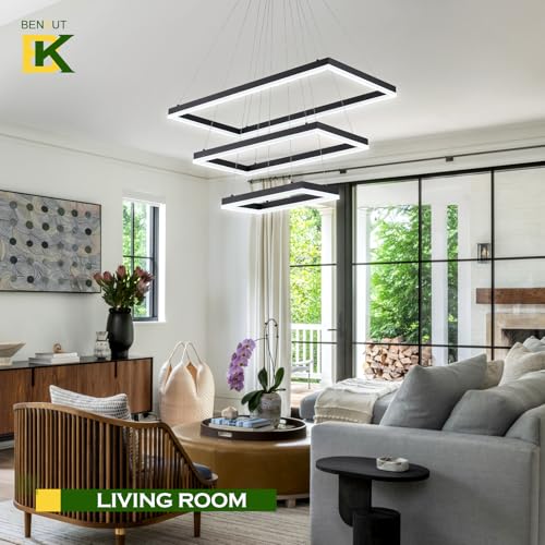 3 Rings Modern LED Chandelier Black 31.5inch Rectangle Dimmable LED Pendant Light with Remote Control 3 Tier Flush Mount High Ceiling Light for Dining Living Room Foyer
